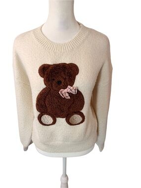 Threaded Leaf Cozy Cream Sweater with Brown Teddy Bear Applique